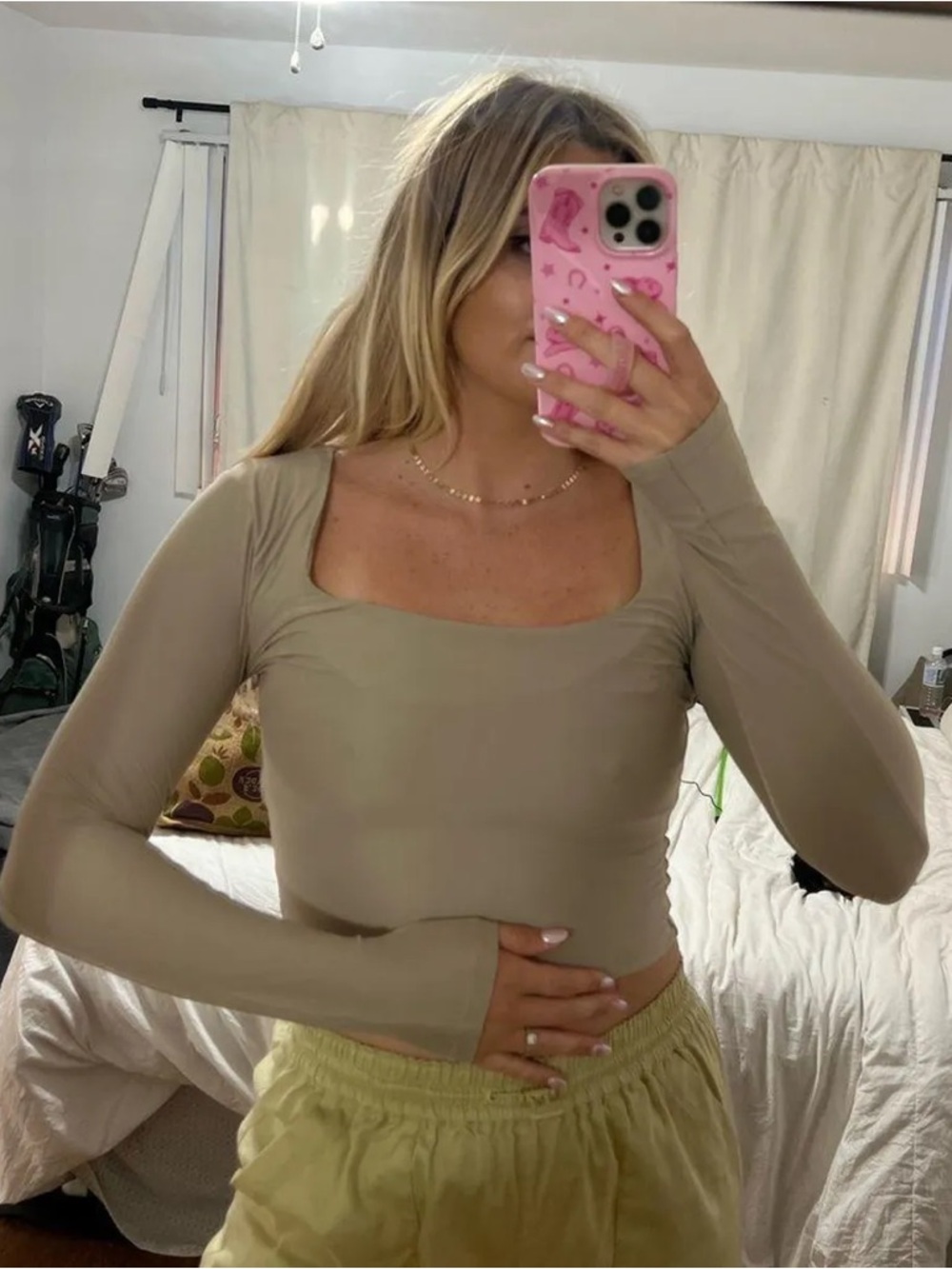 Abercrombie & Fitch Taupe Long-Sleeve Square Neck Crop Top
